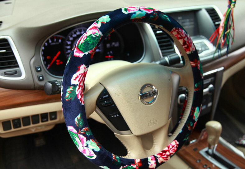 Personalized Flower Auto Steering Wheel Wrap Velvet 14 Inch 36CM - Red