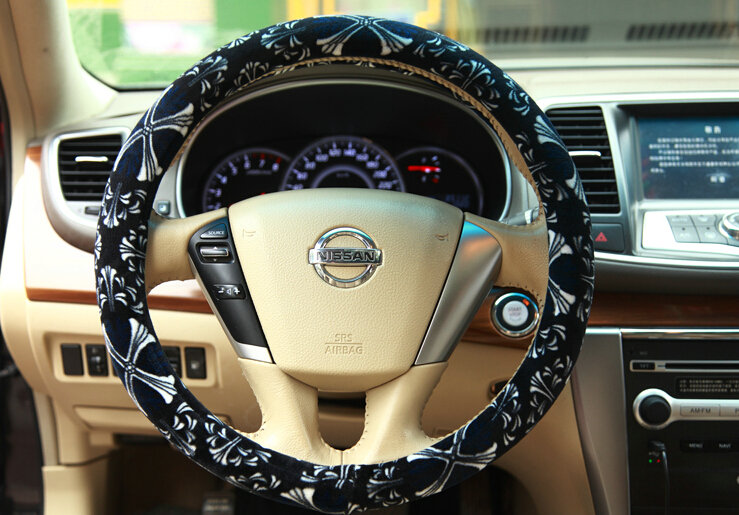 Personalized Flower Auto Steering Wheel Wrap Velvet 15 Inch 38CM - Black