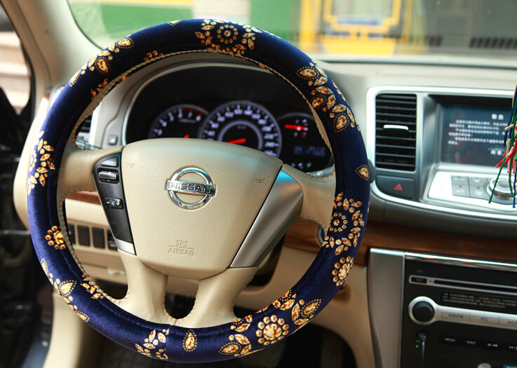 Personalized Flower Auto Steering Wheel Wrap Velvet 15 Inch 38CM - Blue