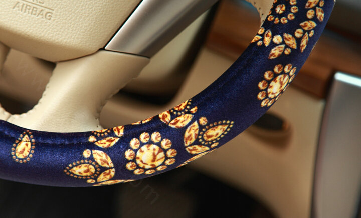 Personalized Flower Auto Steering Wheel Wrap Velvet 15 Inch 38CM - Blue