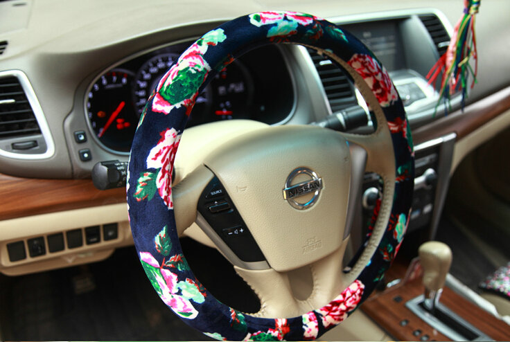 Personalized Flower Auto Steering Wheel Wrap Velvet 15 Inch 38CM - Red