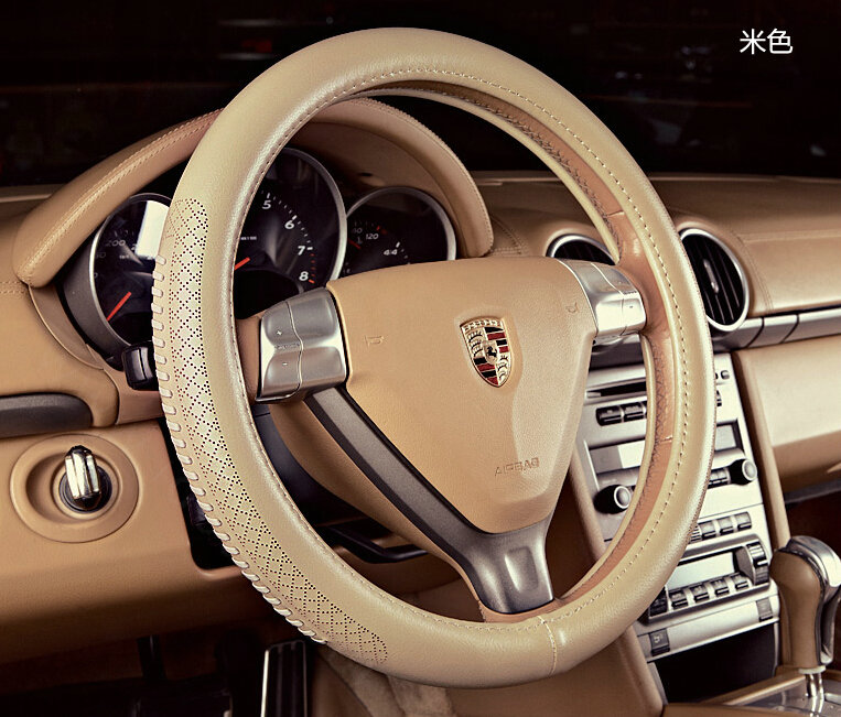 Pretty Auto Steering Wheel Wrap Cow Genuine Leather 15 Inch 38CM - Beige