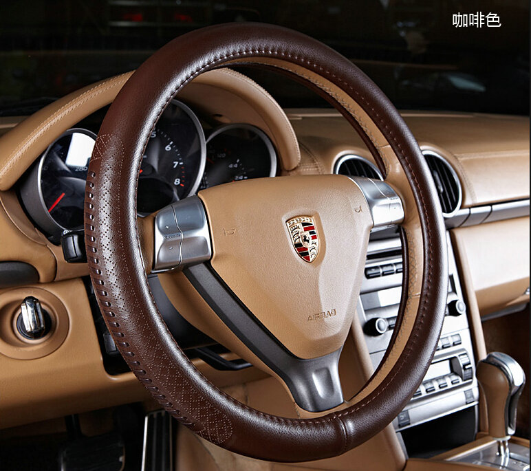 Pretty Auto Steering Wheel Wrap Cow Genuine Leather 15 Inch 38CM - Brown
