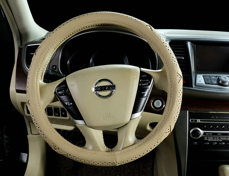 Pretty Car Steering Wheel Covers Sheepskin Leather 15 Inch 38CM - Beige