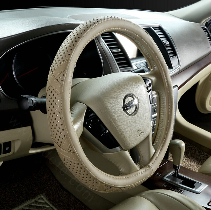 Pretty Car Steering Wheel Covers Sheepskin Leather 15 Inch 38CM - Beige