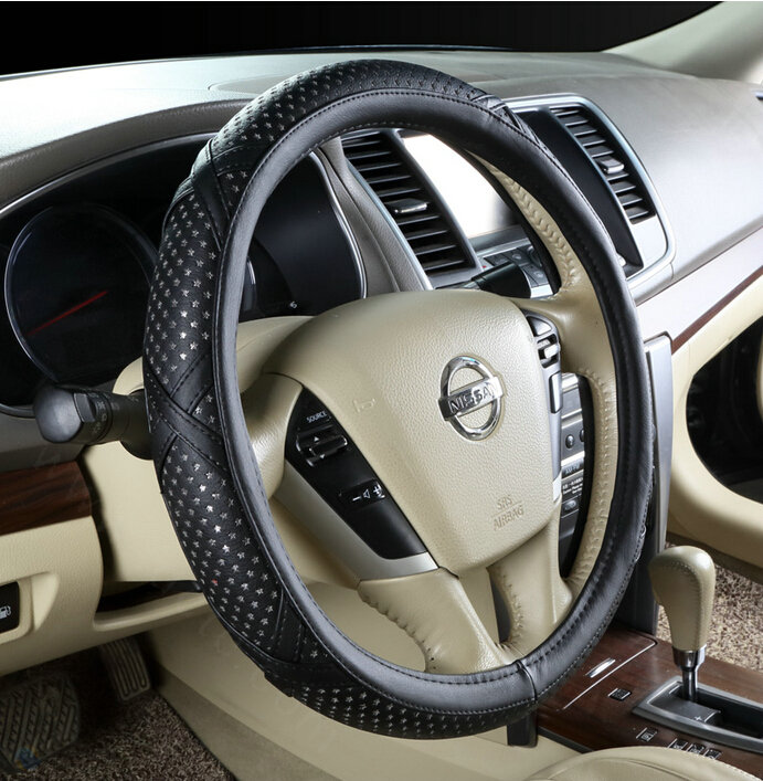 Pretty Car Steering Wheel Covers Sheepskin Leather 15 Inch 38CM - Black