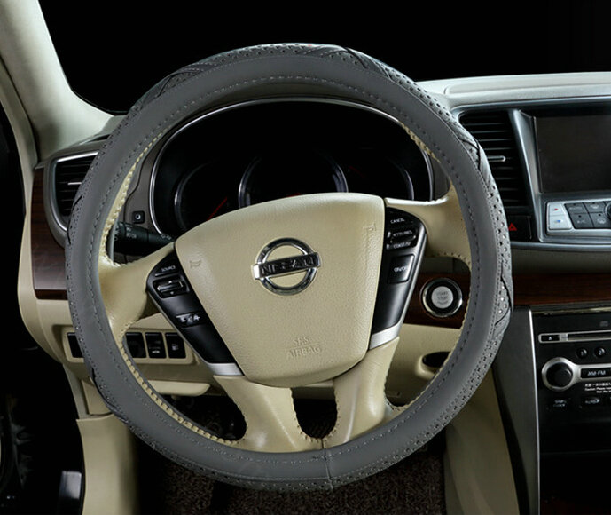 Pretty Car Steering Wheel Covers Sheepskin Leather 15 Inch 38CM - Grey