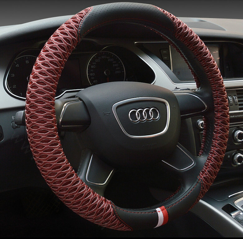 Pretty Car Steering Wheel Wrap Ice Silk PU Leather 15 Inch 38CM - Red