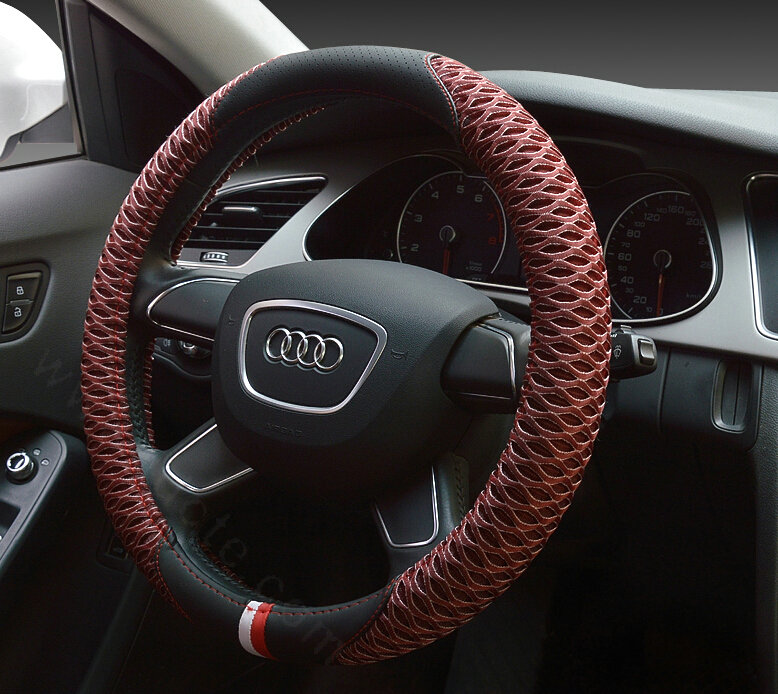 Pretty Car Steering Wheel Wrap Ice Silk PU Leather 15 Inch 38CM - Red
