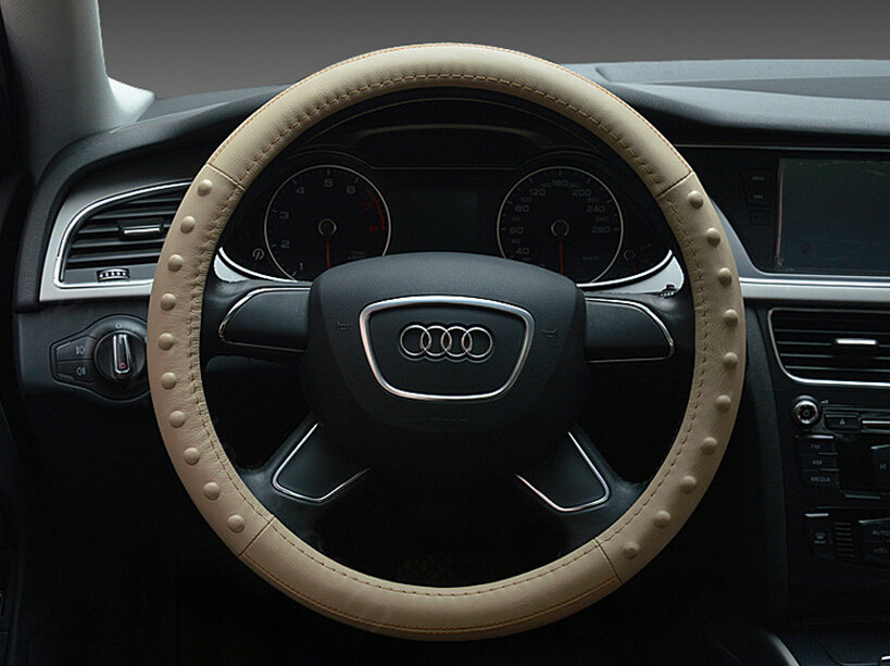 Pretty Dot Car Steering Wheel Covers Genuine Leather 15 Inch 38CM - Beige