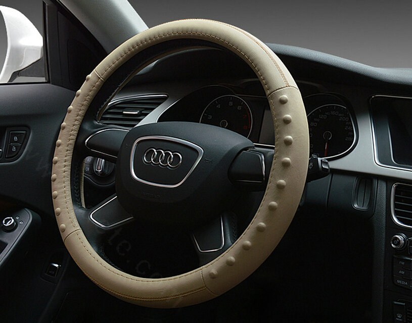 Pretty Dot Car Steering Wheel Covers Genuine Leather 15 Inch 38CM - Beige