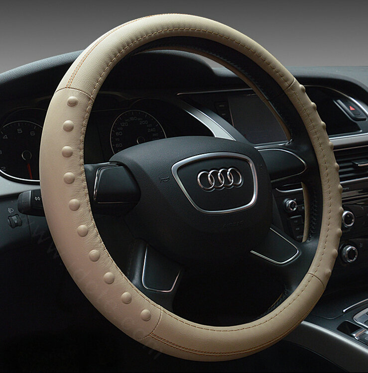 Pretty Dot Car Steering Wheel Covers Genuine Leather 15 Inch 38CM - Beige