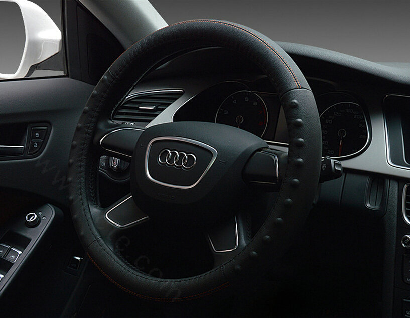 Pretty Dot Car Steering Wheel Covers Genuine Leather 15 Inch 38CM - Black Orange