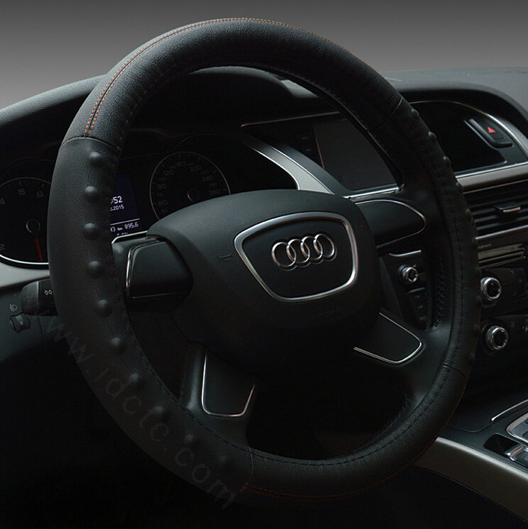 Pretty Dot Car Steering Wheel Covers Genuine Leather 15 Inch 38CM - Black Orange