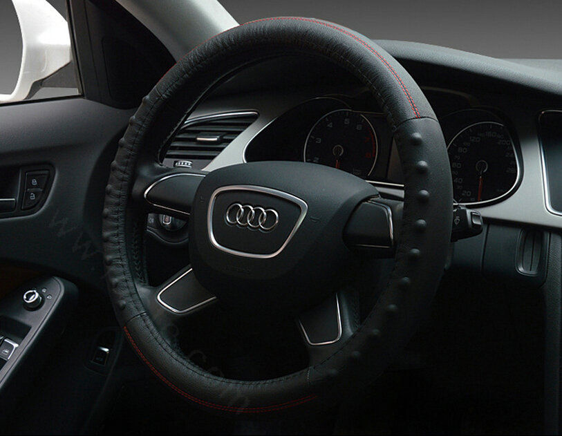 Pretty Dot Car Steering Wheel Covers Genuine Leather 15 Inch 38CM - Black Red