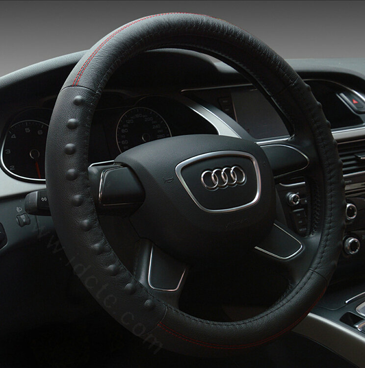 Pretty Dot Car Steering Wheel Covers Genuine Leather 15 Inch 38CM - Black Red