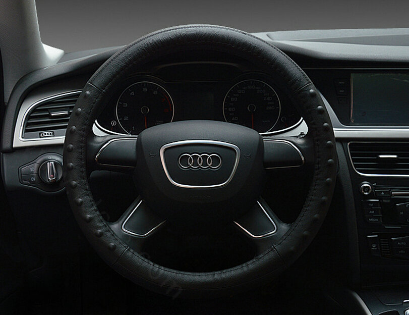 Pretty Dot Car Steering Wheel Covers Genuine Leather 15 Inch 38CM - Black