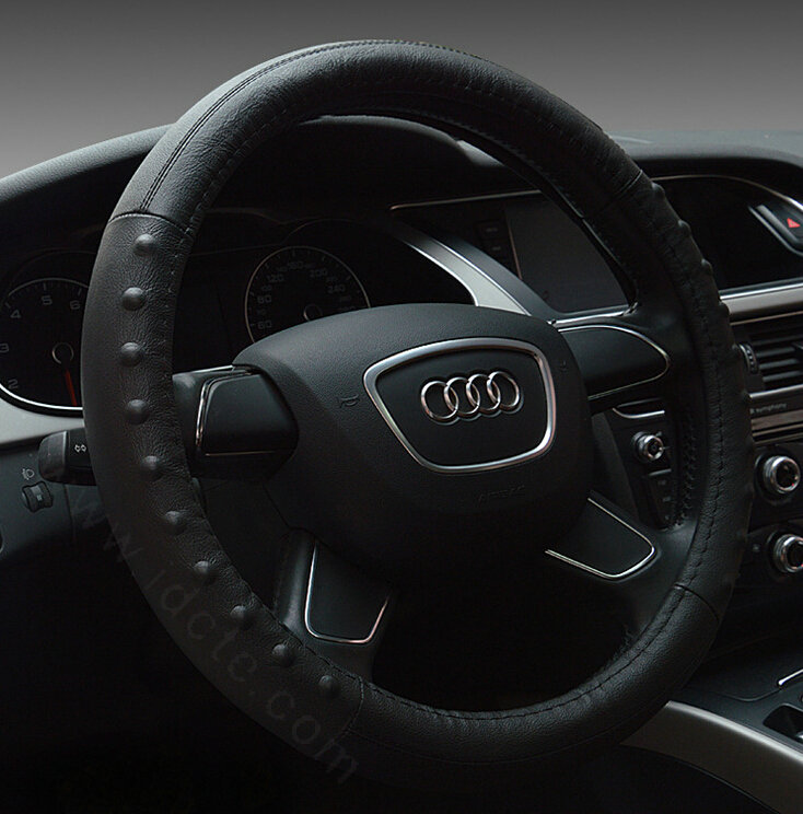 Pretty Dot Car Steering Wheel Covers Genuine Leather 15 Inch 38CM - Black