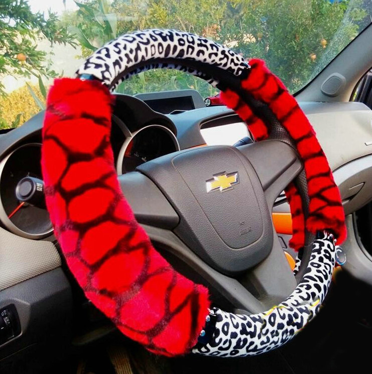 Pretty Leopard Print Car Steering Wheel Wrap Velvet 15 Inch 38CM - Red