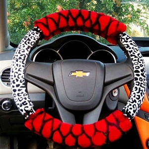 Pretty Leopard Print Car Steering Wheel Wrap Velvet 15 Inch 38CM - Red