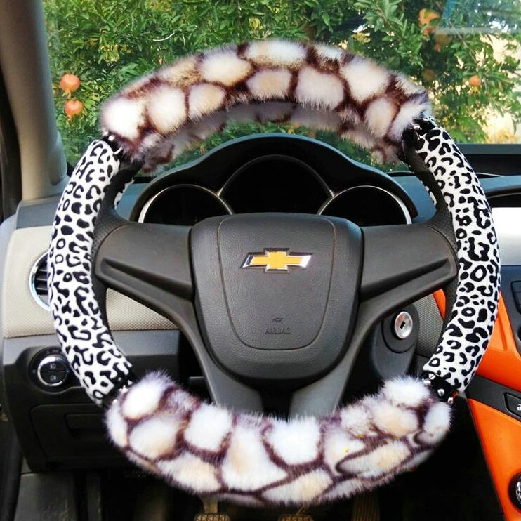 Pretty Leopard Print Car Steering Wheel Wrap Velvet 15 Inch 38CM - White