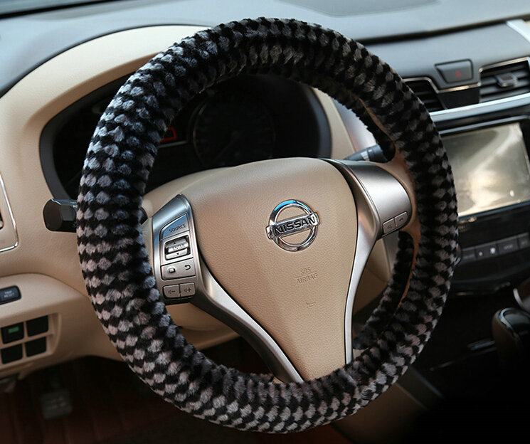 Pretty Polka Dot Auto Steering Wheel Wrap Velvet 15 Inch 38CM - Black Grey