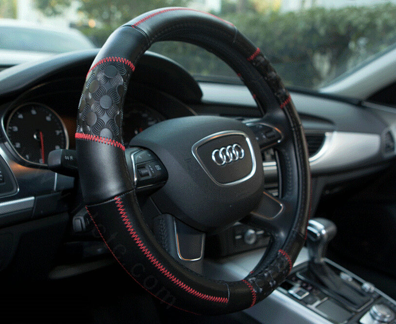 Printing Car Steering Wheel Covers Genuine Leather 15 Inch 38CM - Black