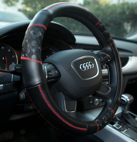 Printing Car Steering Wheel Covers Genuine Leather 15 Inch 38CM - Black