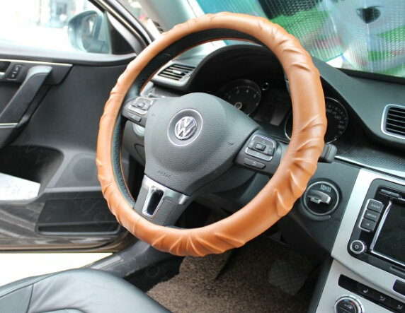 Quality Auto Steering Wheel Covers PU Leather 15 Inch 38CM - Brown