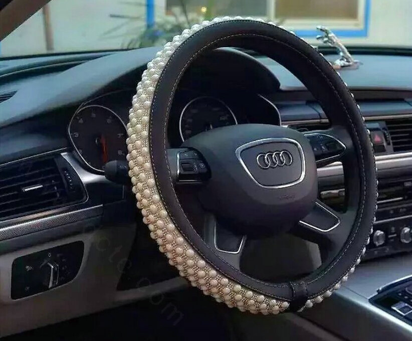 Quality Beaded Car Steering Wheel Cover Genuine Leather 15 Inch 38CM - Beige