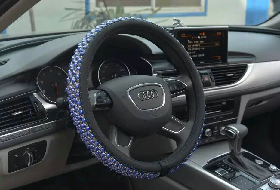 Quality Beaded Car Steering Wheel Cover Genuine Leather 15 Inch 38CM - Blue