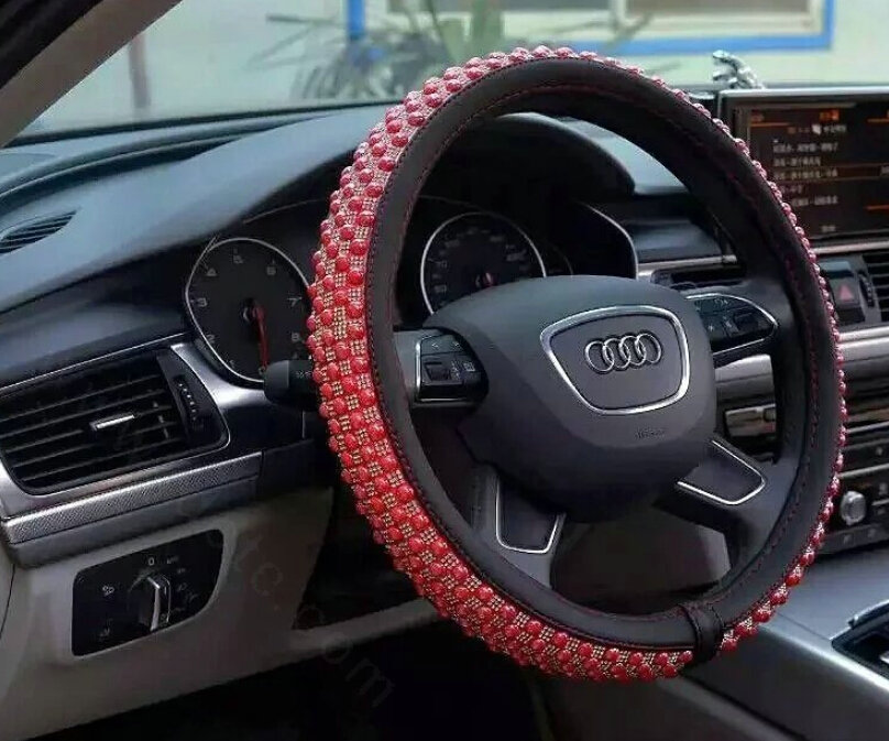 Quality Beaded Car Steering Wheel Cover Genuine Leather 15 Inch 38CM - Red