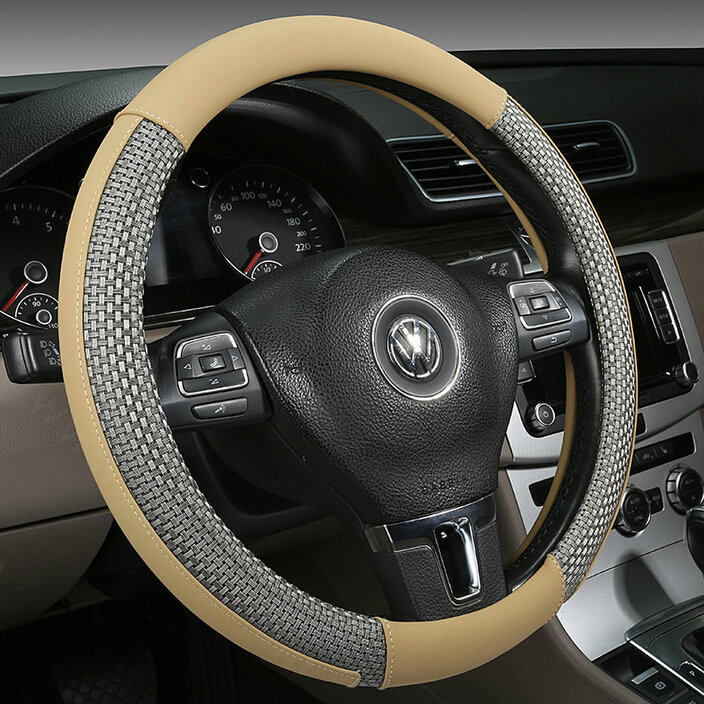 Quality Car Steering Wheel Wrap Ice Silk PU Leather 15 Inch 38CM - Beige