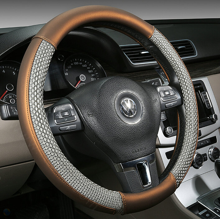 Quality Car Steering Wheel Wrap Ice Silk PU Leather 15 Inch 38CM - Brown