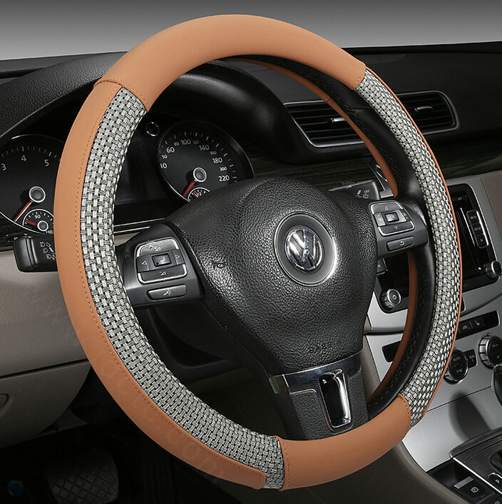 Quality Car Steering Wheel Wrap Ice Silk PU Leather 15 Inch 38CM - Coffee