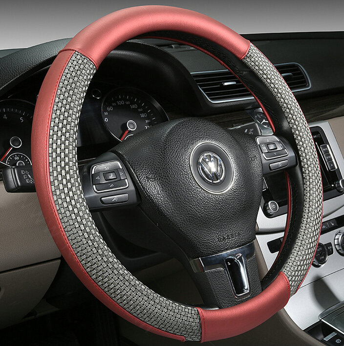 Quality Car Steering Wheel Wrap Ice Silk PU Leather 15 Inch 38CM - Red