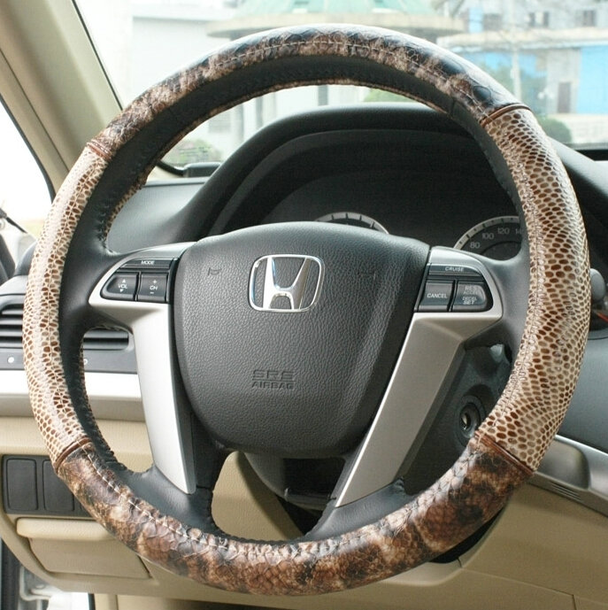 Snake Print Auto Steering Wheel Covers Crocodile Leather 15 Inch 38CM - Brown