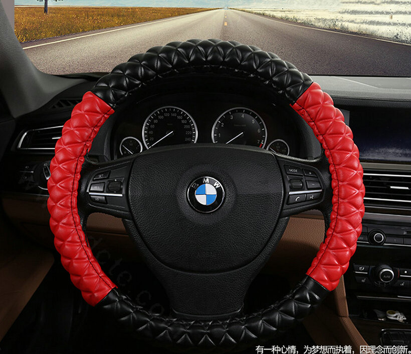 Unique Auto Steering Wheel Covers PU Leather 15 Inch 38CM - Black Red