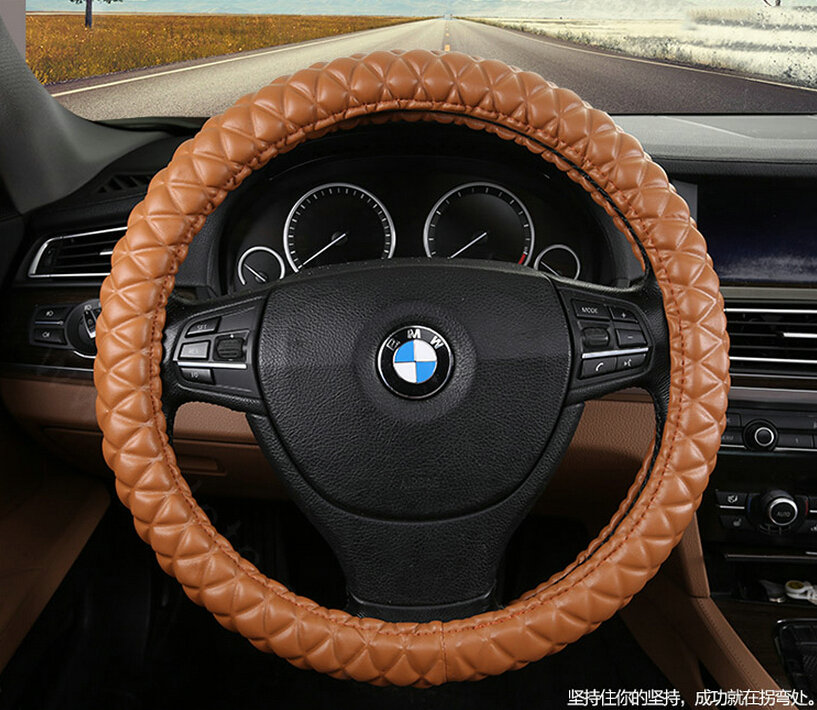 Unique Auto Steering Wheel Covers PU Leather 15 Inch 38CM - Brown