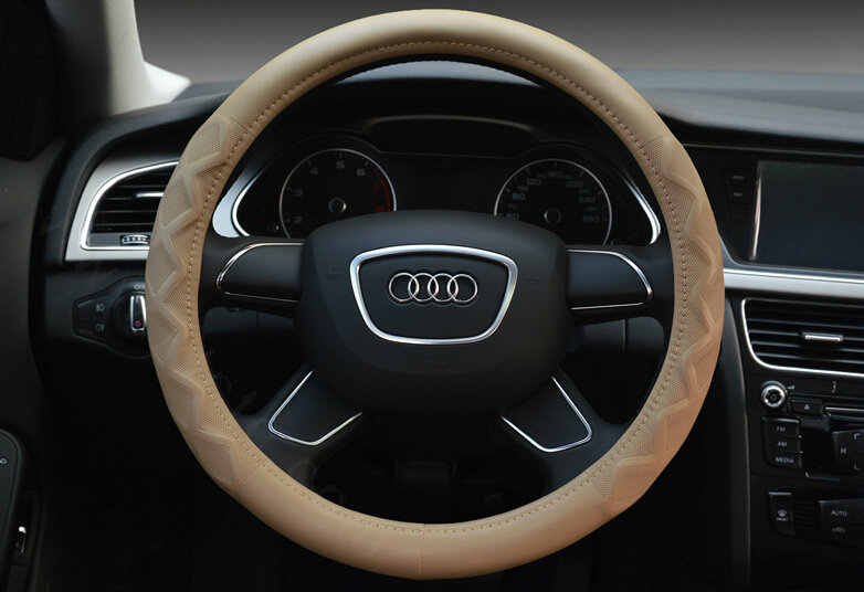 Unique Auto Steering Wheel Covers Sheepskin Leather 15 Inch 38CM - Beige