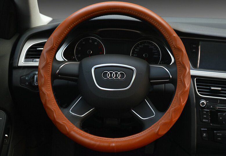 Unique Auto Steering Wheel Covers Sheepskin Leather 15 Inch 38CM - Brown