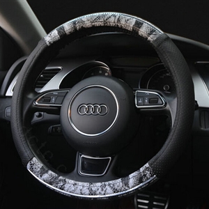 Unique Auto Steering Wheel Wrap Snake Print Genuine Leather 15 Inch 38CM - Black
