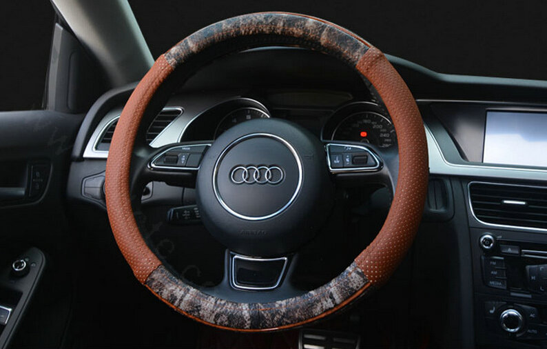 Unique Auto Steering Wheel Wrap Snake Print Genuine Leather 15 Inch 38CM - Brown