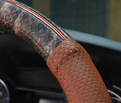 Unique Auto Steering Wheel Wrap Snake Print Genuine Leather 15 Inch 38CM - Brown
