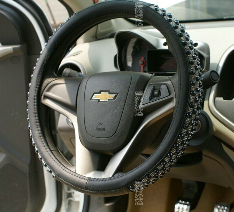 Unique Beaded Car Steering Wheel Cover PU Leather 15 Inch 38CM - Black