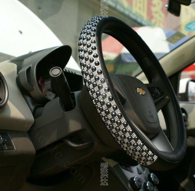 Unique Beaded Car Steering Wheel Cover PU Leather 15 Inch 38CM - Black