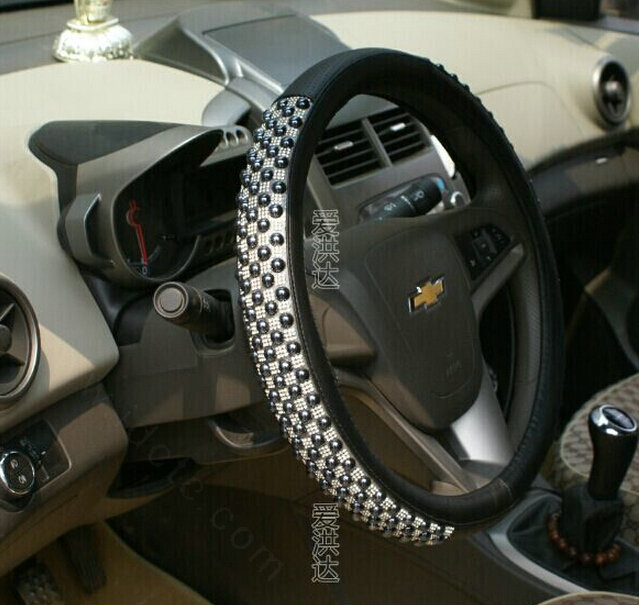 Unique Beaded Car Steering Wheel Cover PU Leather 15 Inch 38CM - Black