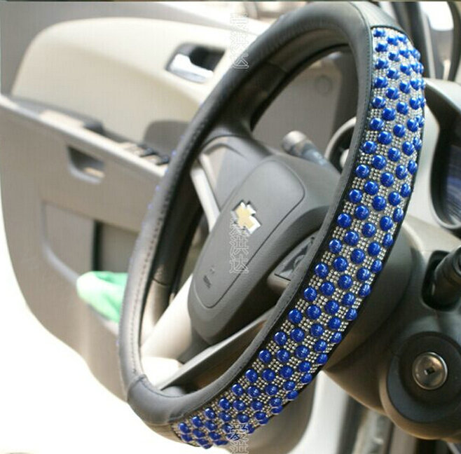 Unique Beaded Car Steering Wheel Cover PU Leather 15 Inch 38CM - Blue