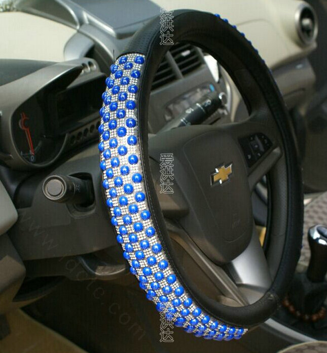 Unique Beaded Car Steering Wheel Cover PU Leather 15 Inch 38CM - Blue