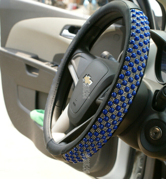 Unique Beaded Car Steering Wheel Cover PU Leather 15 Inch 38CM - Blue